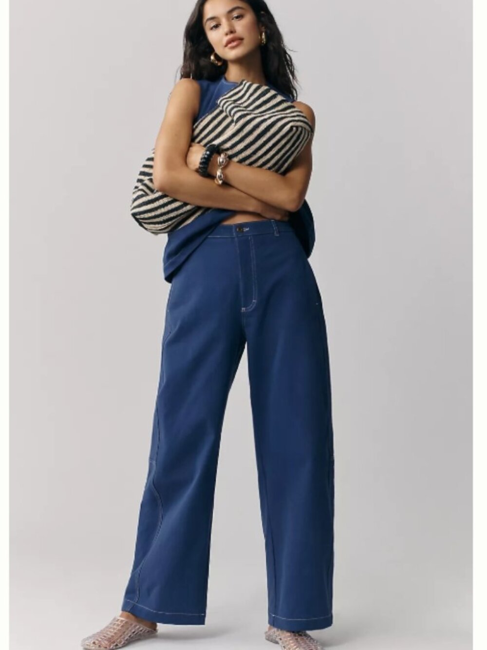 NWT Anthropologie Maeve Curve Puddle Pants Blue Contrast Stitch Wide Leg